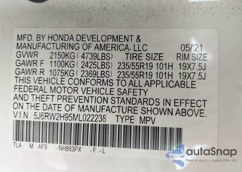 2021 Honda Cr-V Awd Touring from USA, damaged, VIN 5J6RW2H95ML022238